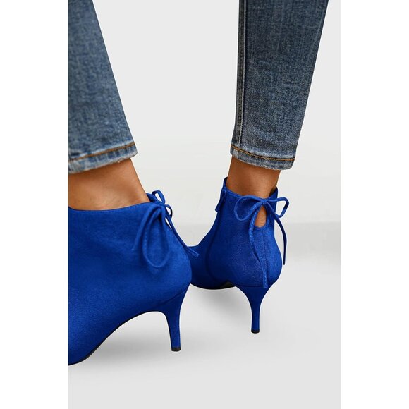 Women's Pointed Toe Heels Ankle Booties Kitten Stiletto Bowtie Strappy Boot Blue - Picture 3 of 6